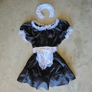 Vintage Totally 80s French Maid Dress White Lace Headpiece S/M
